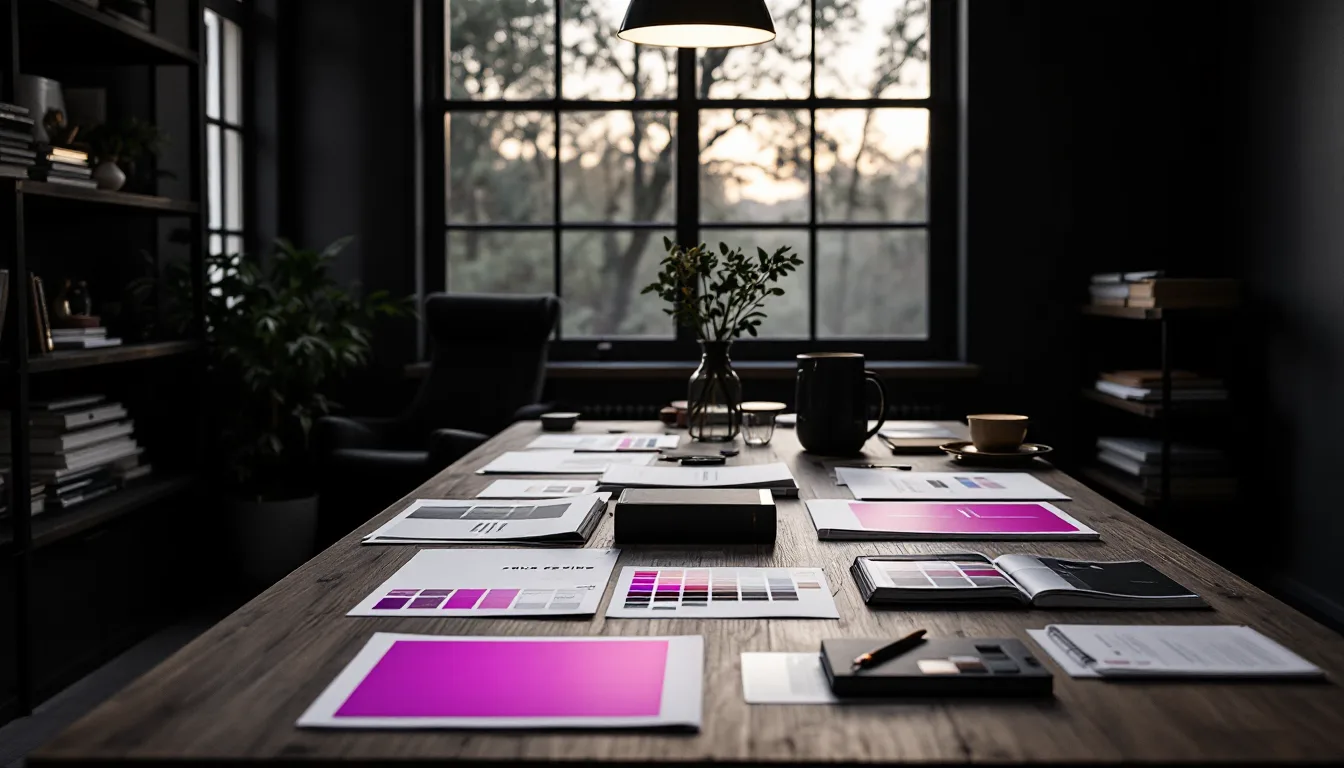 A quiet design studio with proof sheets pinned to the wall, in black and white
