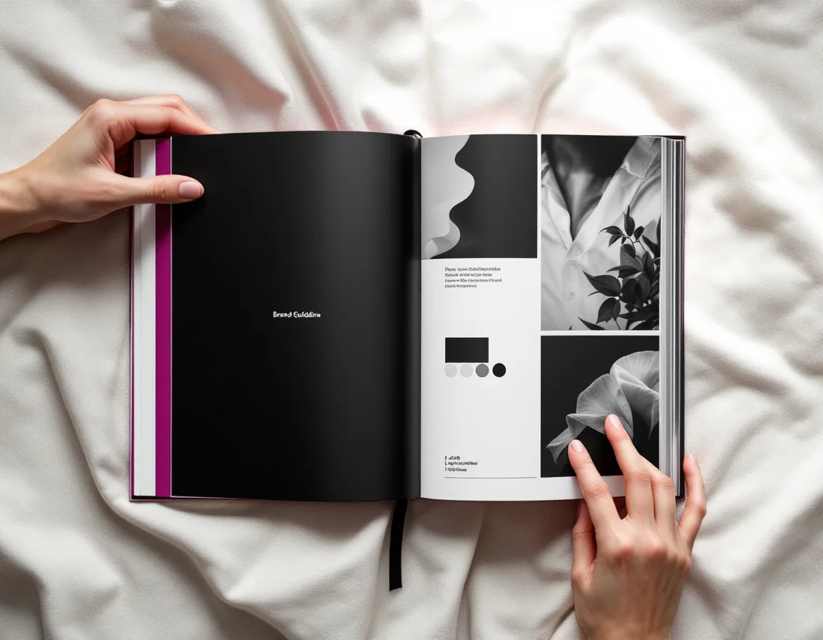 Hands turning the pages of a bound brand guideline book on a linen surface, in black and white
