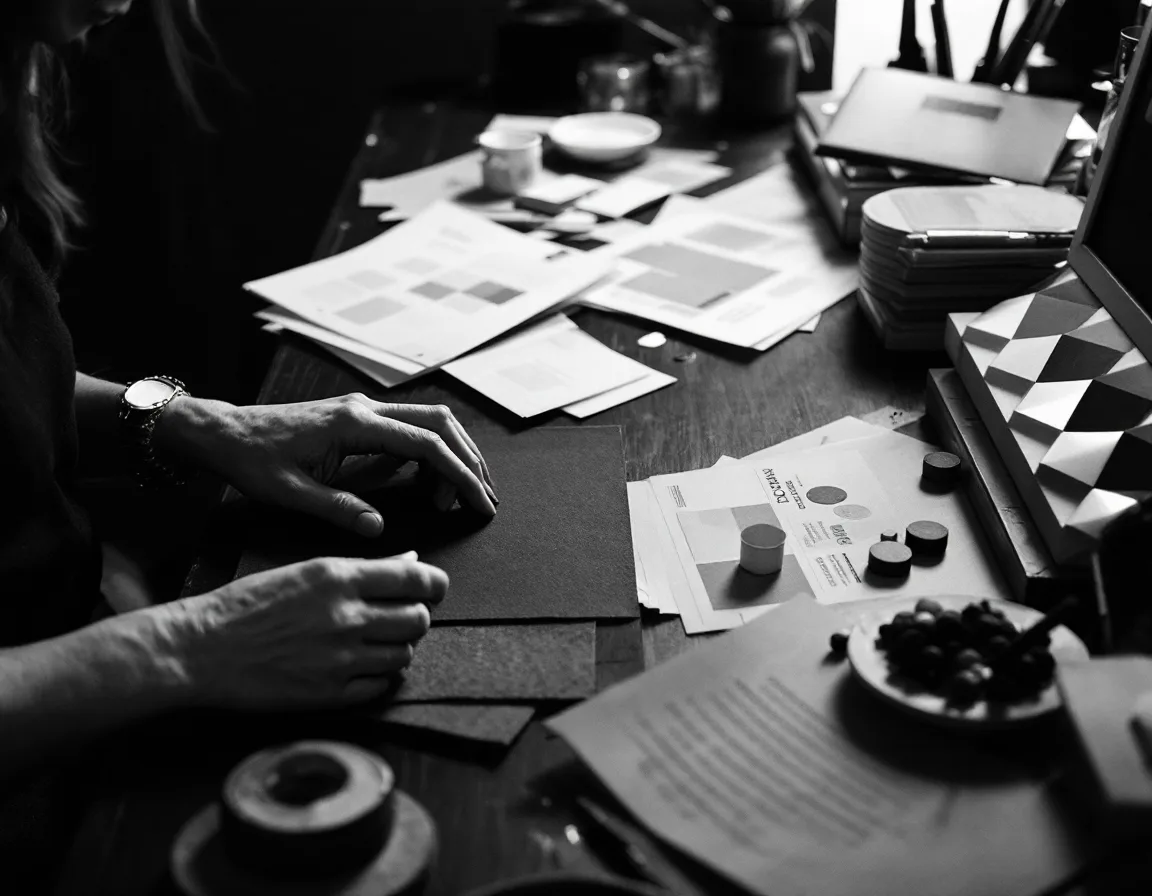 A designer's research desk with swatches and notes, in black and white