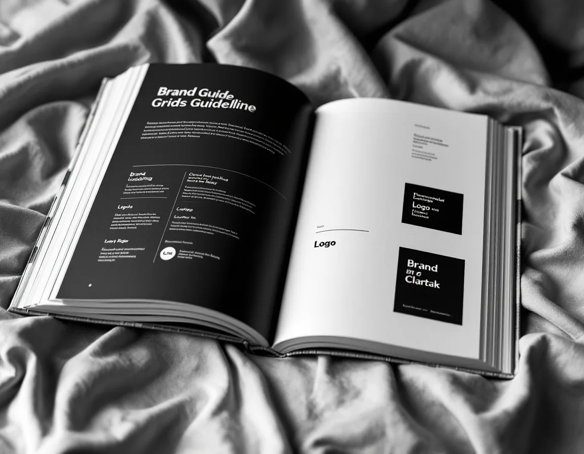 An open, bound brand guideline book on linen, in black and white