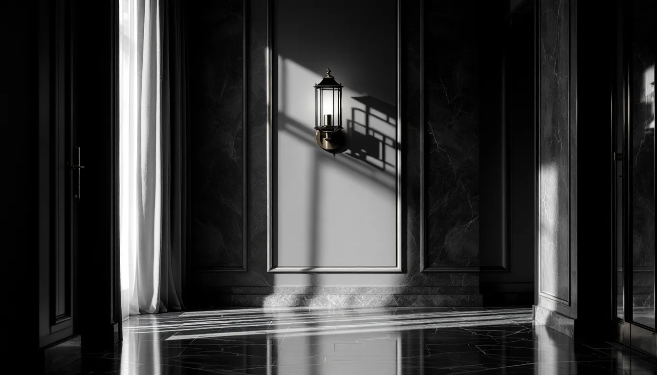 A quiet boutique hotel interior at dawn, in black and white