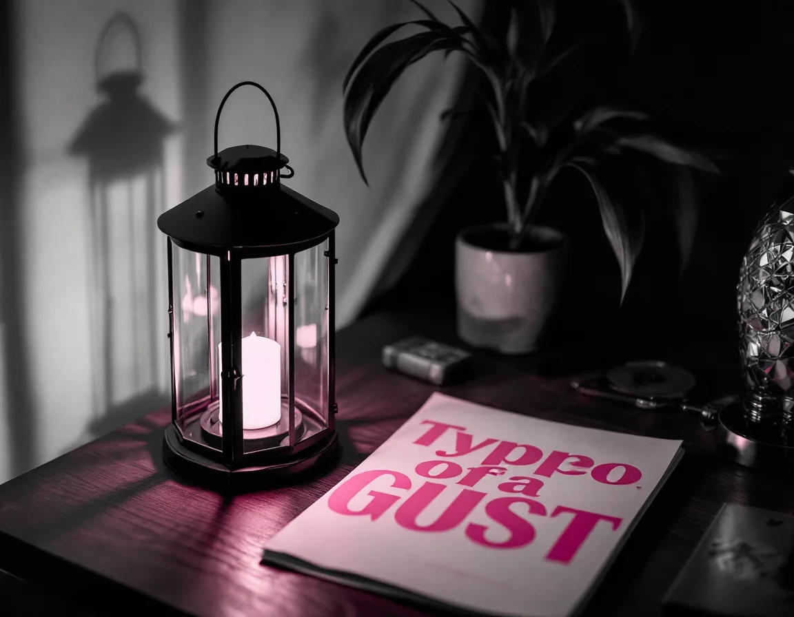 A lit lantern beside logo sketches and type proofs, in black and white