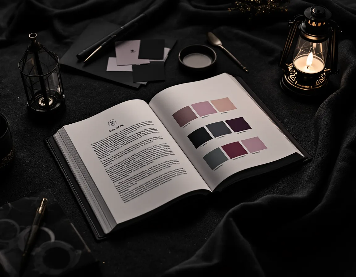 A guideline book, swatches, and a logo proof laid out on a studio surface, in black and white